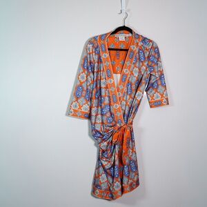 Gretchen Scott Floral Flower Geometric Print Pattern Orange Blue Wrap Dress M